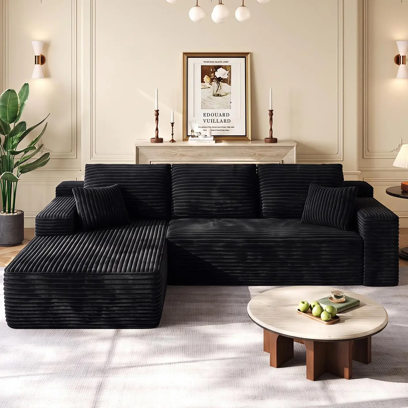 96-Inch L-Shaped Modular Corduroy Sofa with Chaise, Moderate Deep Seat, Vacuum-Packed, No-Assembly Indoor Furniture for Apartments & Condos