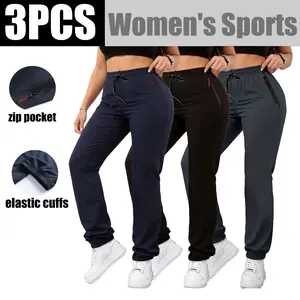 3-Pack Women’s Summer High-Waist Straight Casual Jogger Pants with Zipper Pockets and Drawstring Cuffs, Running Long Pants