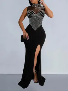 Women's Contrast Sequin Cut Out Split Thigh Bodycon Dress, Elegant Round Neck Sleeveless Evening Party Gown, Ladies Clothes for Fall