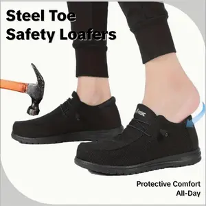 Steel toe shoes Footwear Men's Lightweight Slip-On Steel Toe Sneakers – Puncture-Resistant Work Safety Shoes, Comfortable Superfine Fiber Loafers, Black Closed-Toe Walking Flats | Father's Day Gift Worker Soft Boy Active