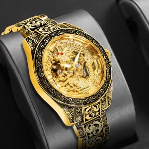 Men's Retro Dragon EngravingDesign Mechanical Watch,Fashionable Wristwatch withLuminous Dial & Hollow Out Design,Trendy Watch for Men with Box