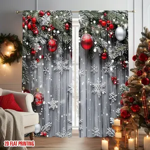 Christmas curtains, Window Curtain, snowflake red ornaments green plant pattern, half blackout rod pocket for living room bedroom kitchen door wall courtyard home decoration curtains, modern holiday home decoration, Christmas decoration