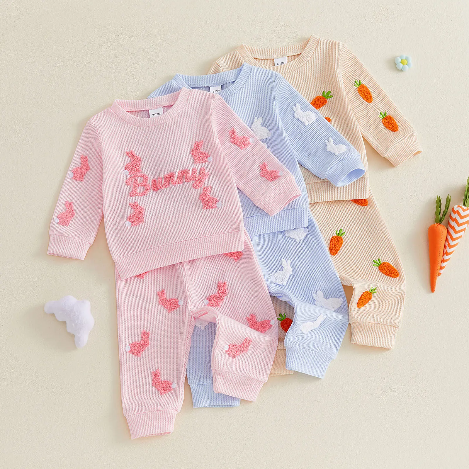 Toddler Baby Little Girl Boy Easter Outfit Bunny/Carrot Long Sleeve Sweatshirt and Pants Waffle Spring Set 6M-4T