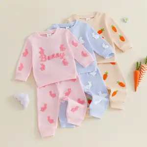 Toddler Baby Little Girl Boy Easter Outfit Bunny/Carrot Long Sleeve Sweatshirt and Pants Waffle Spring Set 6M-4T