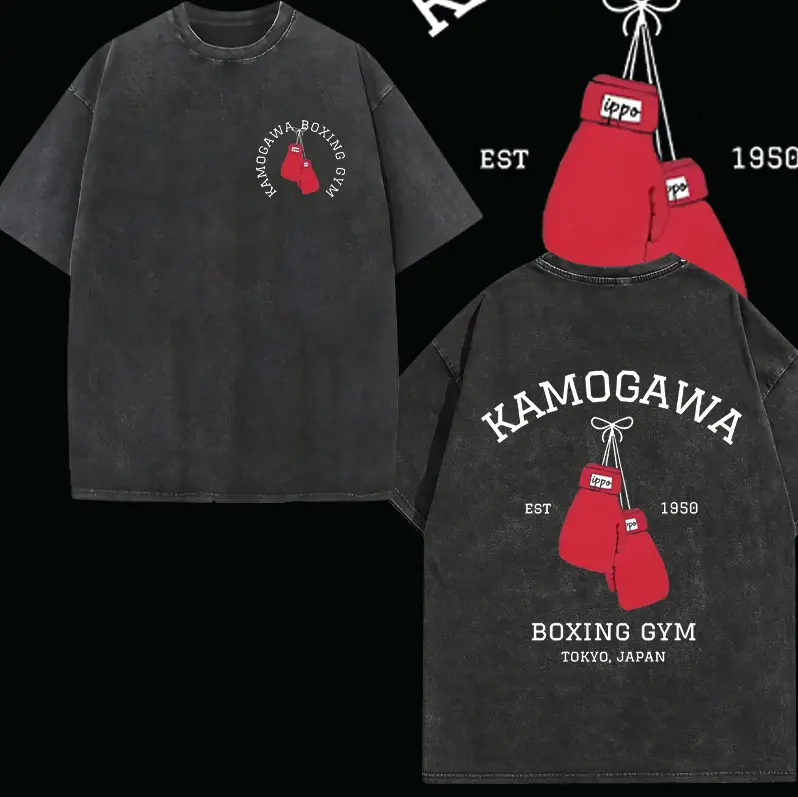 Anime Hajime No Ippo Washed Vintage T-shirt Kamogawa Boxing Gym Harajuku T-shirts Makunouchi Takamura KGB Loose Cotton T Shirt Everyday Fit,back to school,back to school shopping