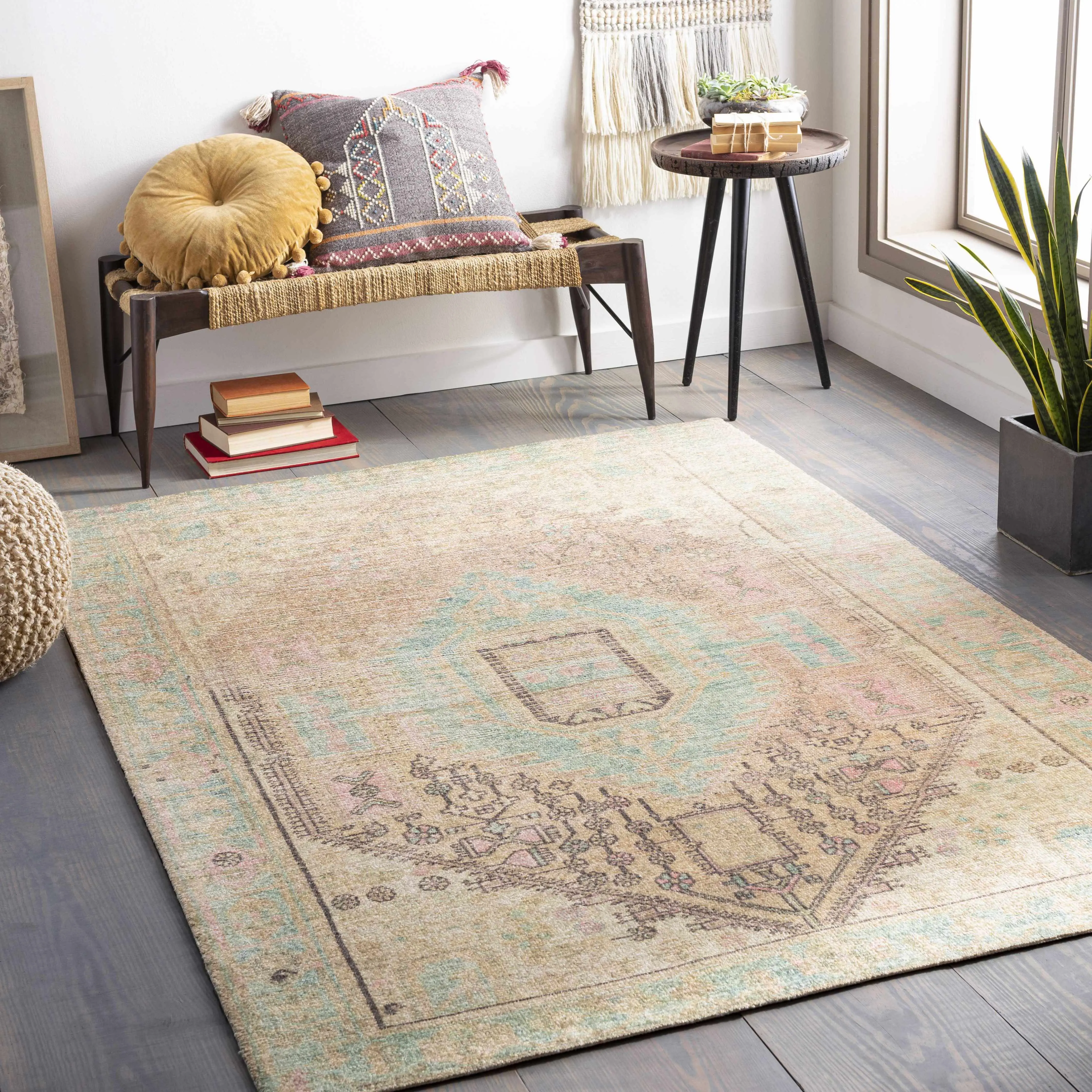 Rickinghall Cozy Rectangle Indoor Area Rug, Peach & Sage Medallion Pattern, Beige Household Textile Carpet, Cozy Area Rug, Decorative Area Rug