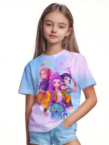 Girls Kpop Series T-Shirts, Blue Gradient Cute Pet Full Print, Comfortable Soft Fabric, Kpop Fan Gift, Daily Wear