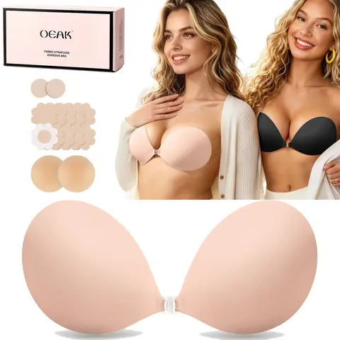 OEAK Adhesive Bra Strapless Sticky Invisible Silicone Push up Bra Reusable Cleavage Lift Nipple Covers for Backless Dress A Pair