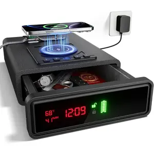 Biometric smart gun safe with wireless charging, three quick-access money boxes, compact bedside drawer safe with fingerprint access, 24/7 digital clock handgun safe, gifts for men