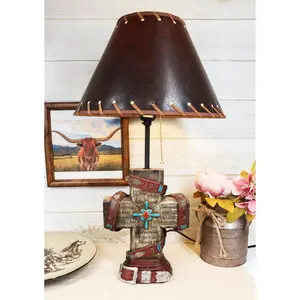 Western Turquoise Faux Distressed Wood Cross Bible Verses Family Side Table Lamp