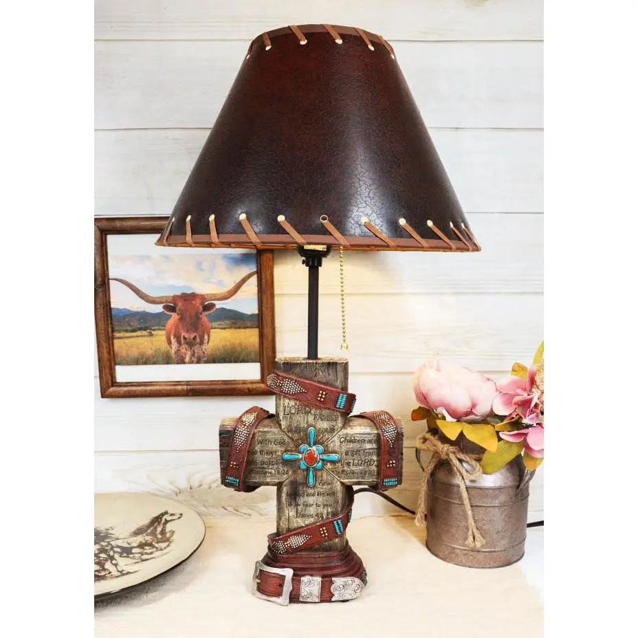 Western Turquoise Faux Distressed Wood Cross Decorative Spiritual Items Lamp with Bible Verses for Family Side Table