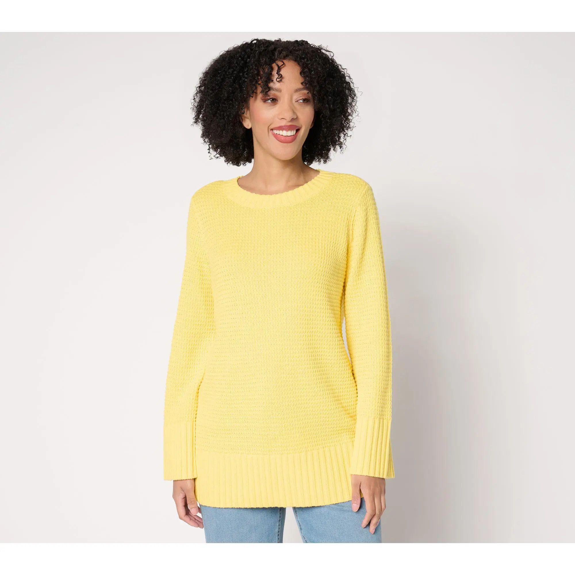 Denim & Co. Petite Stitch Detail Crew Neck Tunic Sweater