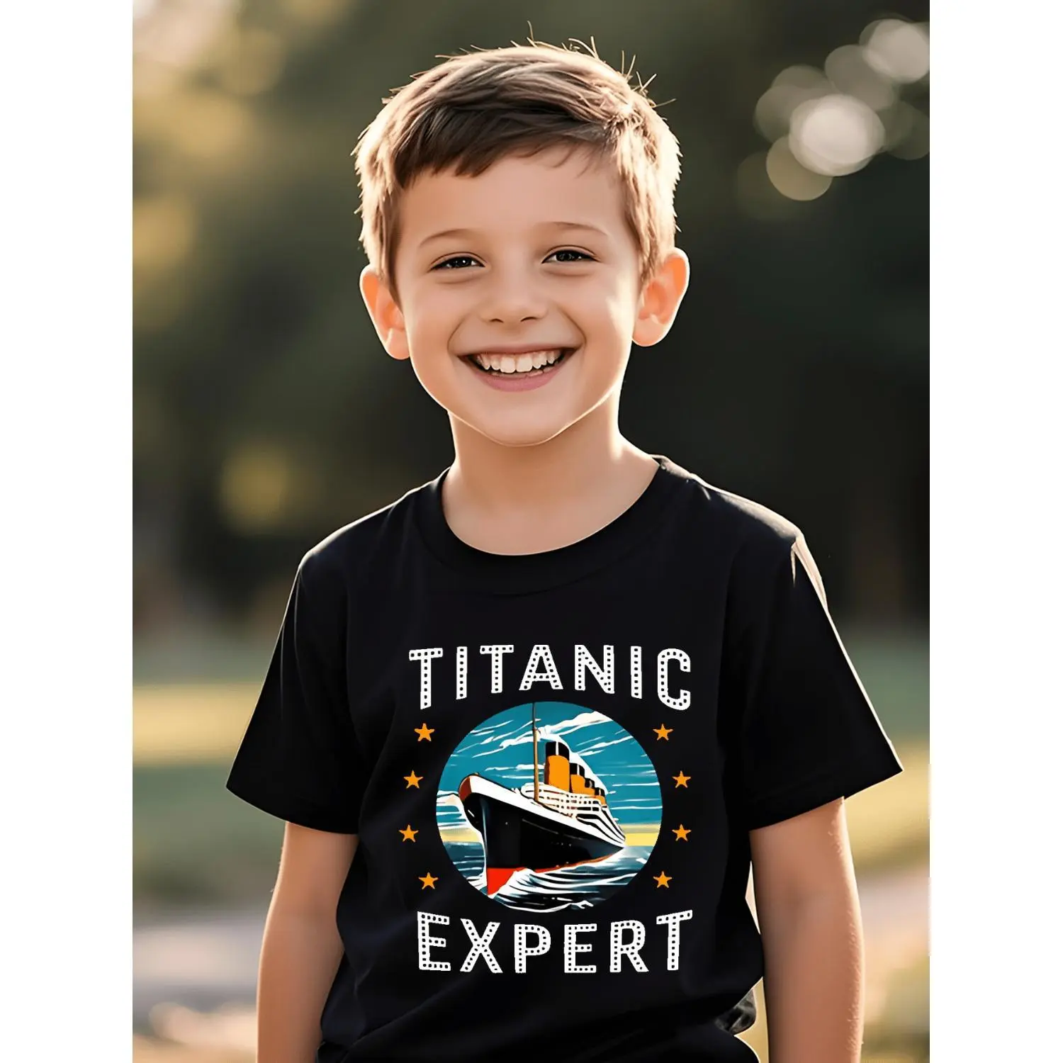 Titanic Themed Graphic Cotton T-Shirt with Cartoon Ship Design Soft Breathable and QuickDry Tee Perfect for Outdoor Sports Casual Wear and Beach Activities Comfortable Summer Children's Clothing