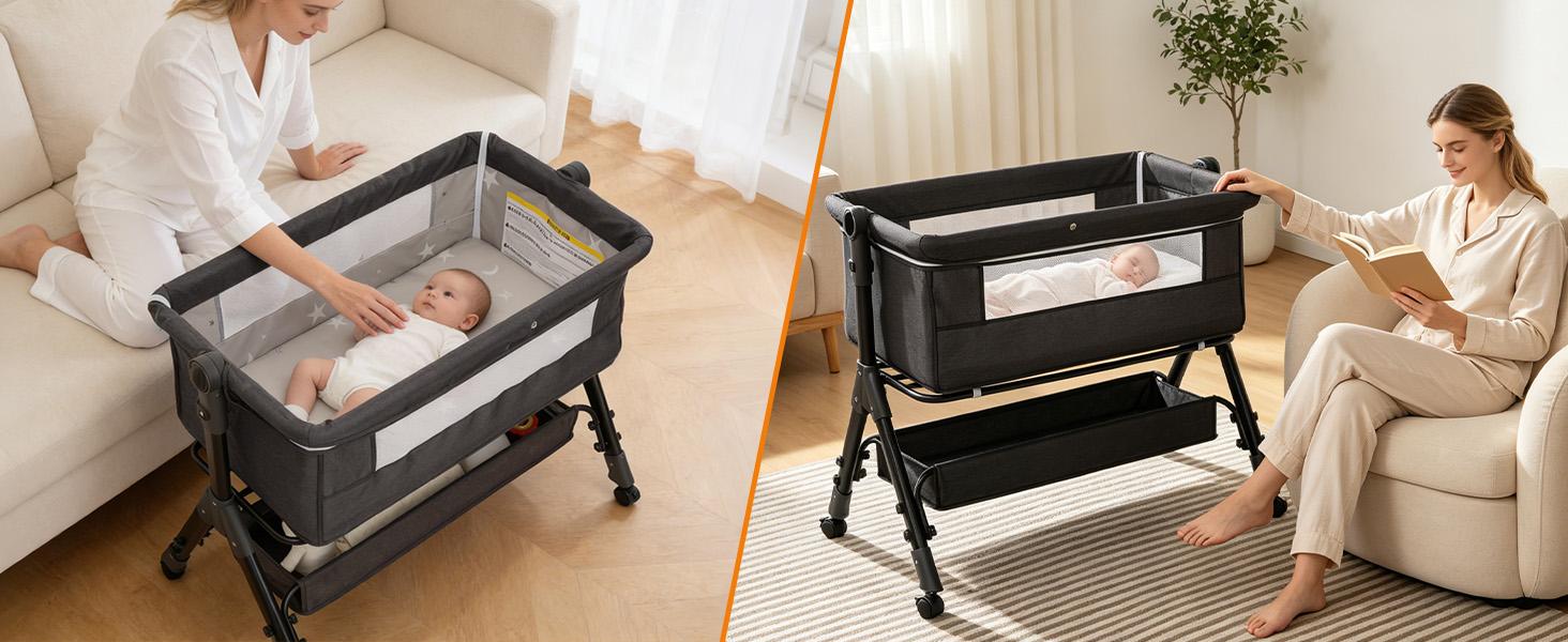 【SummerVibes】 Portable Baby Bed 6-in-1 - Foldable Crib w/ 6 Height Adjustments, Bedside Sleeper, Rocker & Bassinet + Storage Basket & Mattress & Ultra-Quiet Wheels , Nursery Must-Have Folding Sleeping Cot