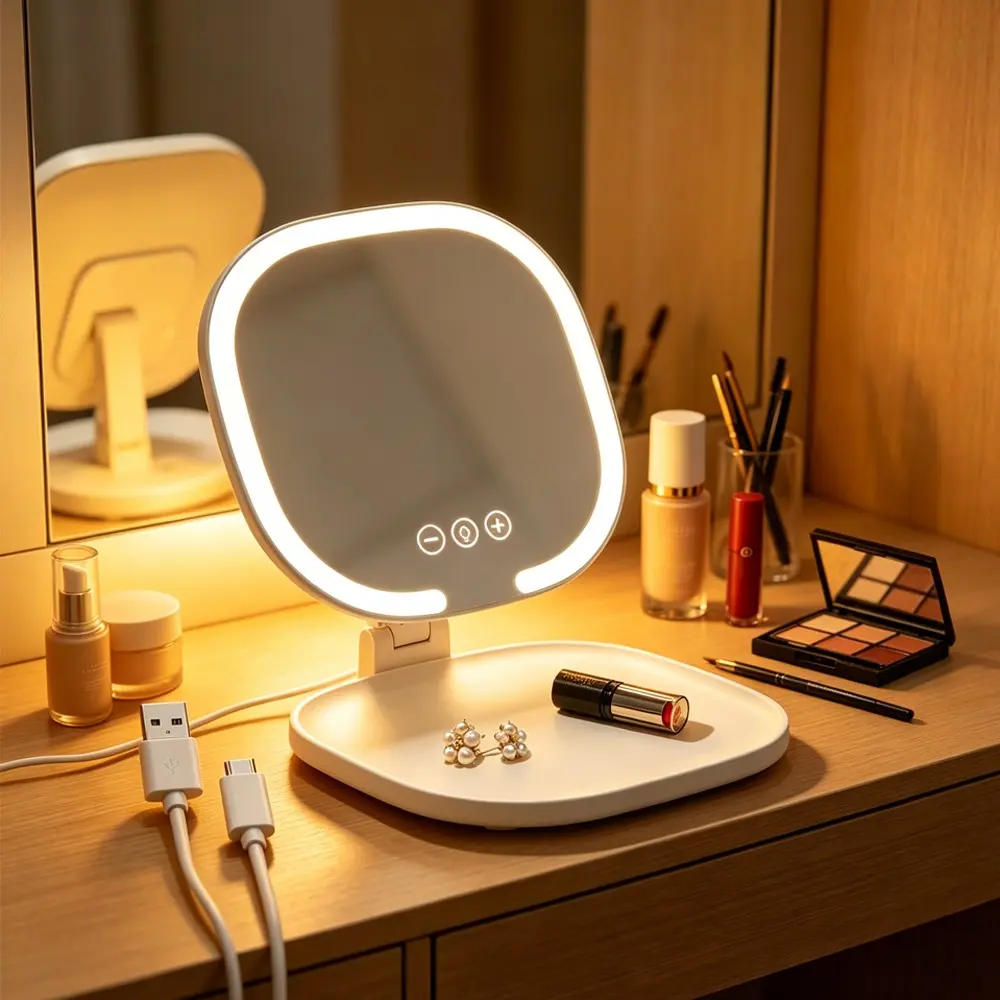 Rechargeable LED Makeup Mirror with Light, Three-Color Adjustable Brightness, Touch Control, Foldable Design, Portable for Travel, Dorm, Bedroom, Rechargeable Lighted Mirror, Led Lights Mirror