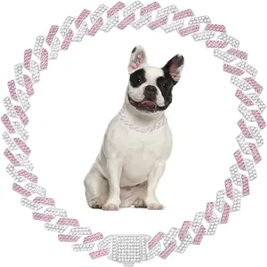 Pink Dog Collar Chain,Bling Cuban Link Dog Collar Sparkly Diamond Dog Necklace Rhinestone Cat Chain Glitter Girls Female Kitten Puppy Collars for Small Medium Large Pet,18 Inch