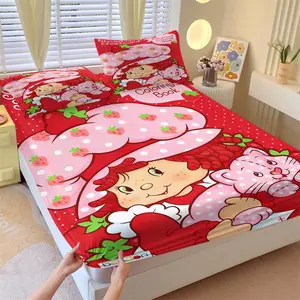 Strawberry Shortcake Non Fading Fitted Sheet,Including 1 Bed Sheet and 2 Pillowcases,Anti Slip Dust Cover Suitable for Children,Teenagers and Adults' Bedroom Bedding Set,Suitable for Personal Use or as a Gift for Others,Bedsheet Sets