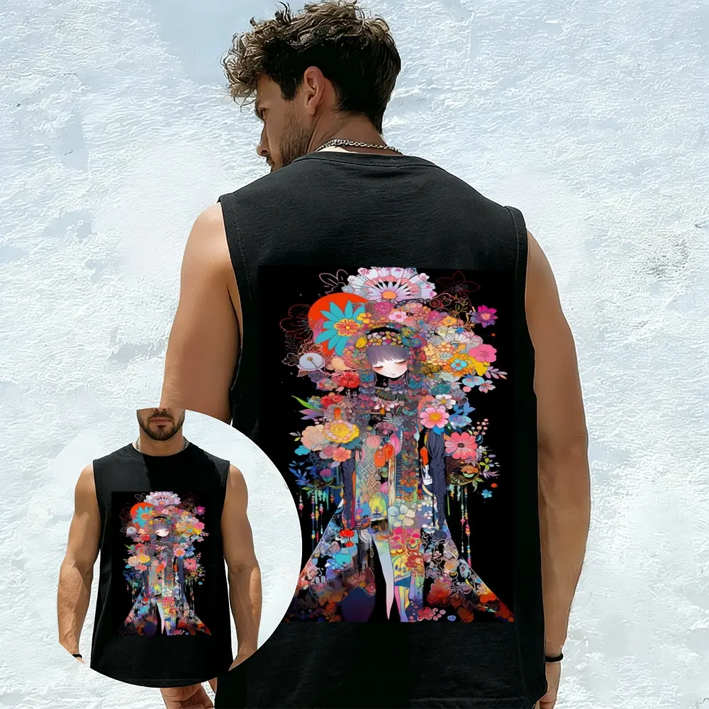 Men's Japanese Anime Art Print Crewneck Sleeveless Tank Top, Manga Character Summer Muscle Shirt, Breathable Cotton Casual Undershirt for Otaku Fans
