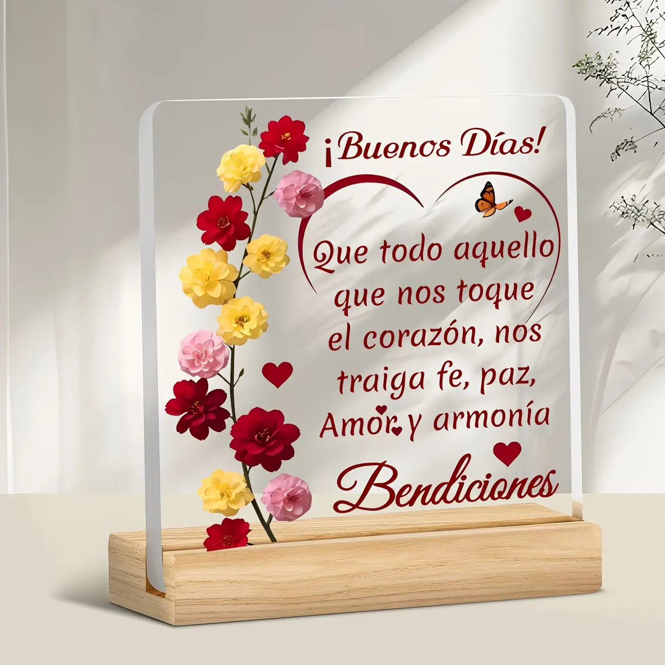 Floral Butterfly Spanish Blessing Acrylic Table Sign, Buenos Dias Bendiciones Good Morning Quote Desk Plaque, Warm Faith Decor, Lovely Christmas Thanksgiving Birthday Gift for Spanish Family Friendsacrylic decorative plaque