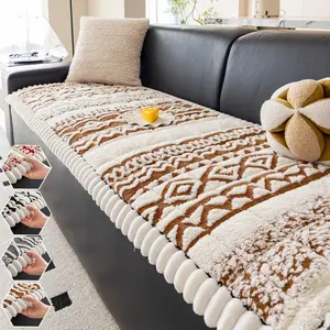 1pc Ethnic Style Plush Sofa Cushion Pet Scratch-Resistant Durable Patchwork Couch Cover Pad, Washable Sofa Slipcover, Contemporary Winter Decor