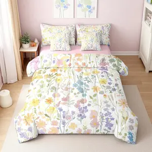 7 Piece Cute Boho Floral Comforter Set,Colorful Bohemian Wildflower Bed in a Bag for Kids Girls Women,Funky Rainbow Wild Flower Bedding Set