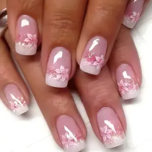 Pink Floral Press On Nails | CurvLife Nail | 24pcs Short Square Fake Nails | Glitter Gradient Flower Design | Easy Apply, Comfortable & Natural | Daily, Party & Elegant Nail Art
