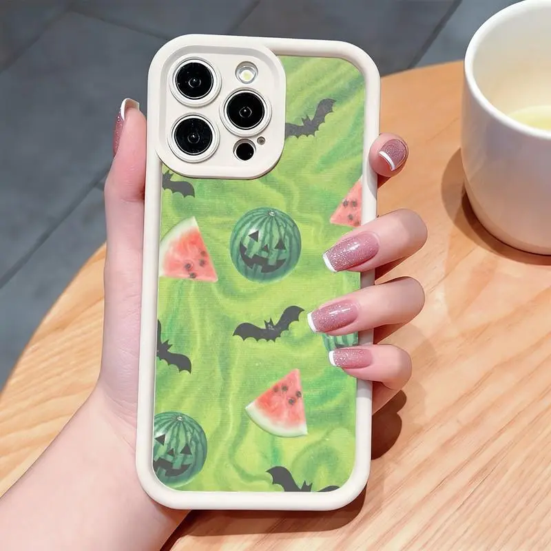Watermelon and bat Halloween pattern phone case. Compatible with iPhone 17 Pro Max/16 Pro Max/15 Plus/14/13/12/11, TPU soft case. Compatible with Galaxy S26 Ultra/S25 Plus/S24/S23, Dopamine color. Compatible with Galaxy A54/A53/A33/A15.