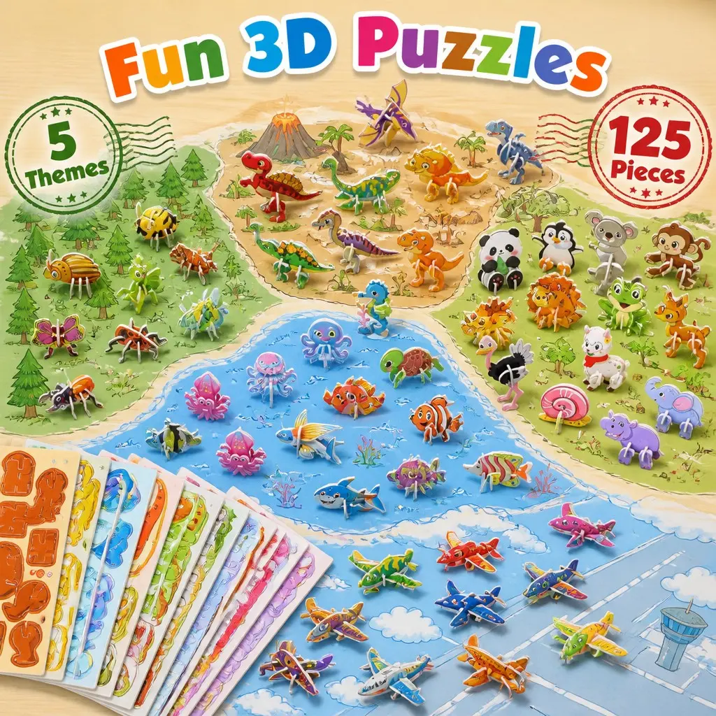 125PCS EVA Foam 3D Puzzle Set for Kids, Montessori STEM Learning Toys, Lightweight Reusable DIY Educational Craft Kit, Fine Motor Skills Development, Animals Themed, Party Favors & Birthday Gifts for Ages 3-8