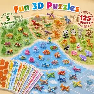 125PCS 3D Puzzle Set for Kids | Montessori STEM Learning Toys, Screen-Free Activities, DIY Educational Craft Kit, Fine Motor Skills Development, Animals, Dinosaurs, Ocean Life, Aircraft & Insects, Birthday Gifts for Boys & Girls Ages 3-8