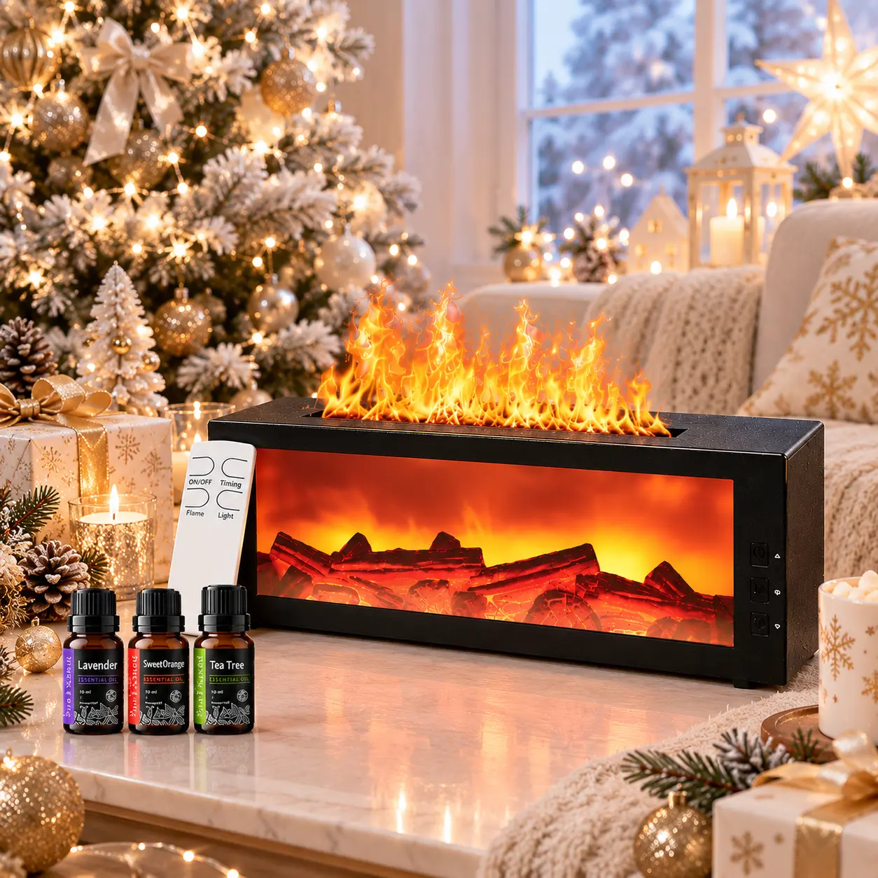 Pniaw 300ml Flame Effect Aromatherapy Essential Diffuser - USB Powered Humidifier Set with LED Light, Timer, Remote Control, Auto-Off Protection, Bourbon Scent, Sleep Aid for Home Decor Gifts, Back to School Haul