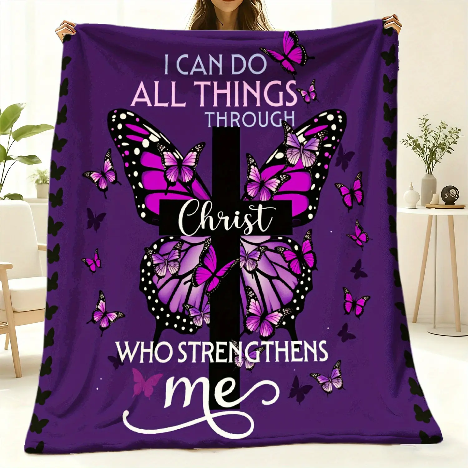 Women's Retro Vintage Christian Faith Flannel Blanket - Butterfly Print, Christian Print, 280GSM Soft, Wrinkle Resistant, Durable, Fade Resistant, Machine Washable, Spiritual Gift, Home Decor, "I Can Do All Things Through Christ Who Strengthens Me", Butte