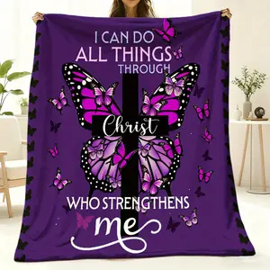 Women's Retro Vintage Christian Faith Blanket - I Can Do All Things Through Christ Who Strengthens Me, Purple Butterfly Print, Soft 280GSM Flannel, Perfect for Spiritual Gifts, Home Decor