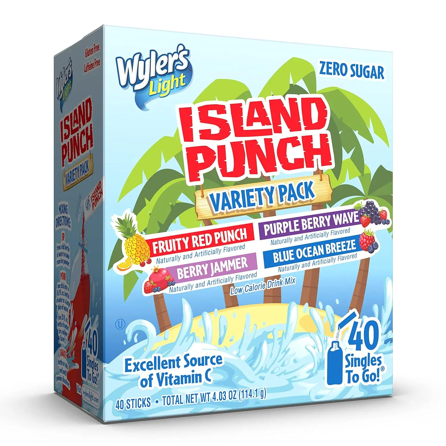 Wyler's Light Island Punch Drink Mix Singles To Go Variety Pack 40 Sticks, Sugar Free Water Flavor Packets, Fruity Red Punch, Purple Berry Wave, Berry Jammer & Blue Ocean Breeze