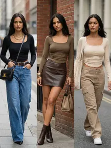 Women's 3-Piece Fall Winter Basic Plain Fitted Long Sleeve Lady T-Shirt Top Set, Casual Wearable Underlayer and Outerwear, All Seasons, Womenswear