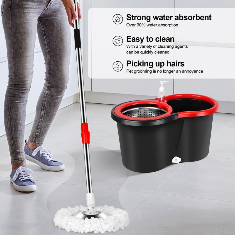 Mop Bucket Set with 360° Spin Mop and Bucket System 3 Microfiber Heads 61In Adjustable Handle，Handle Efficient Cleaning Supplies