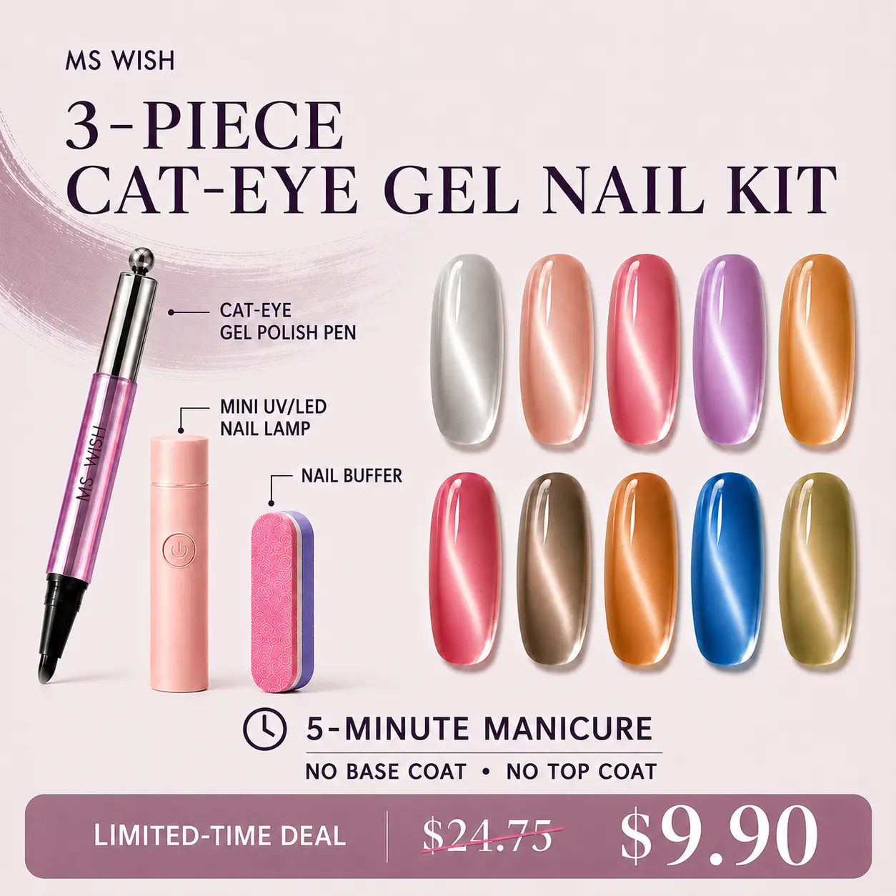 Cat Eye Gel Nail Polish Pen Kit with Magnet & UV LED Lamp, Easy-Apply Jelly Magnetic Gel Pen with Nail File and Nail Art Tool, DIY Manicure Set for Beginners