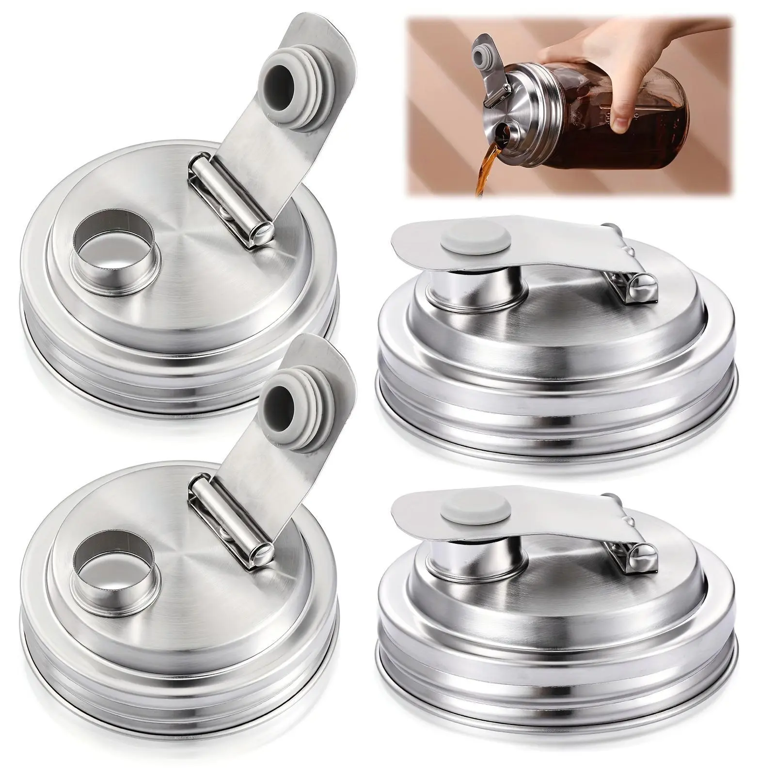 4pcs Wide Mouth Mason Jar Pour Spout Lids, Rust-Proof Leak-Proof Airtight Drinkware Accessories, Seal Covers for Home Tea Milk Juice Containers (Converts to Pitcher)