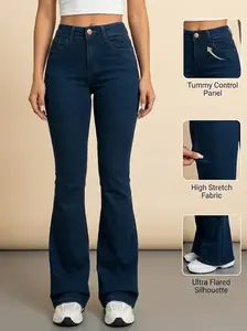 High Waisted Flare Jeans for Women, Dark Wash Stretchy Tummy Control Bootcut Jeans, Y2K Trendy Slim Fit Denim Pants
