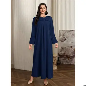 - AlNajmaWomenSolidColorButtonHalf PlacketLanternSleeveElegantArabianDress CasualModestLongSleeveTunicMaxiArabianDresses ForCasualDaily / Homewear