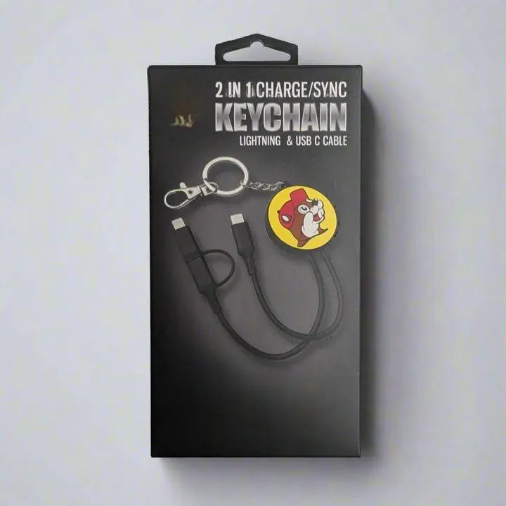 Buc-ee's 2-in-1 Charging/Sync Keychain Cable - Lightning & USB-C Connectors, Travel-Friendly Durable Keychain Ring Charger for iPhone, iPad, Android, Smartphone, Cellphone Devices