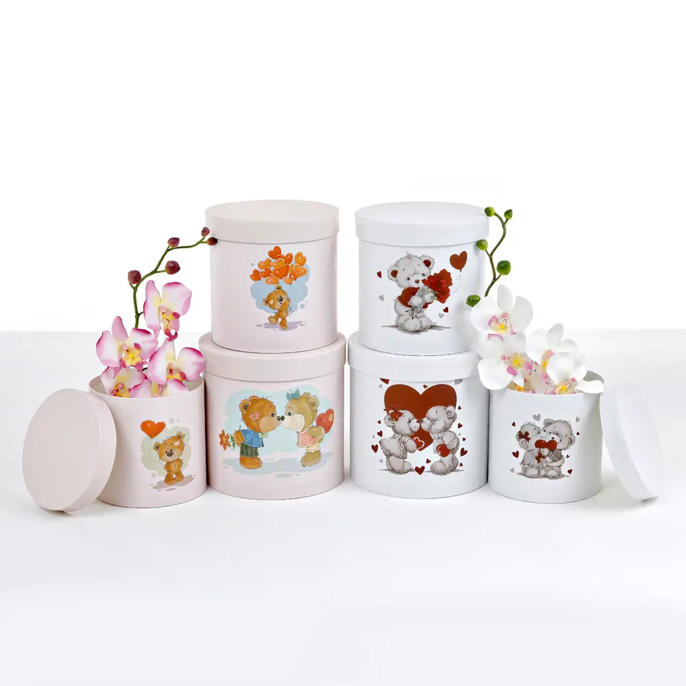 Round Flower Box - Set of 3, Be My Valentine, Pink, White | W768