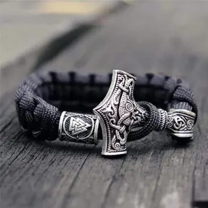GTHIC Thor's Hammer Braided Rope Bracelet Men’s Viking Fashion Accessory for Daily Wear & Gifting Edgy Casual Looks