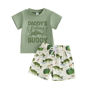 Toddler Baby Boy Summer Outfit Fish-themed Print Crew Neck Short Sleeve Tops and Shorts 2 Pcs Set