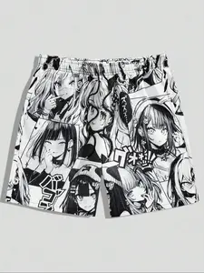 Men's Anime Print 2 in 1 Running Shorts, Breathable Comfortable Boxer Brief Liner Athletic Shorts, Men's Sleepwear & Loungewear for Outdoor Marathon & Fitness Training