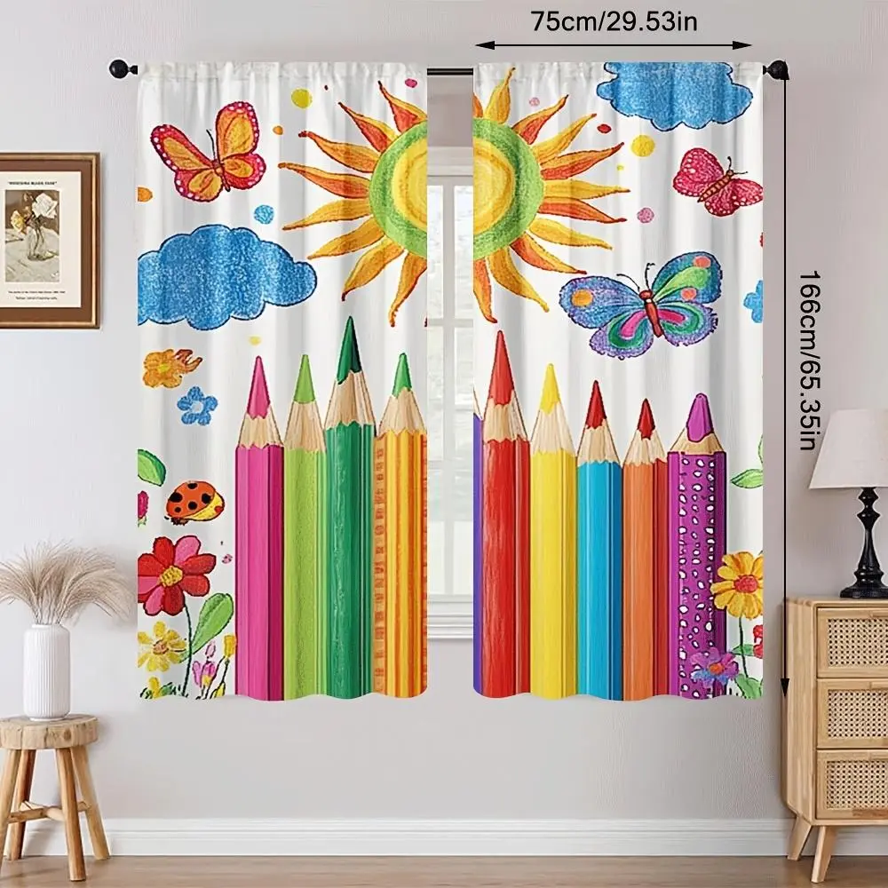 [Whimsical Door Curtains] 2pcs Colorful Polyester Door Curtains - Whimsical Pencil & Butterfly Design, Semi-Translucent Light Filtering, Machine Washable Rod Pocket Curtains for Bedroom, Playroom, Living Room, Cool Men’s Room Decor,28*40IN/71*101CM