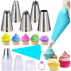Large Piping Tips Set, Stainless Steel Cake Decorating Tips, Large Pastry Tips and Piping Bags, Frosting Icing Tips for Cupcakes, Cake, Cookie (1M 2D 2F 6B 2A) Bakeware Plastic