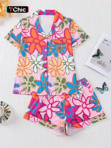 Women's Floral Print Sleepwear Pajama Set, Short Sleeve Button-Up Top & Elastic Shorts, Comfortable Soft Casual Home Wear Loungewear, Party