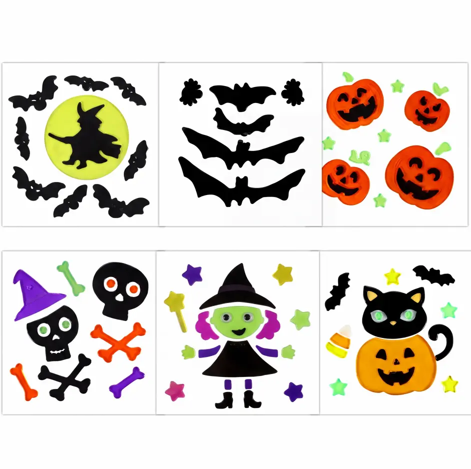 6 Sheets Halloween Window Gel Clings, Pumpkin Bat Witch Decal Stickers for Halloween Decoration, Cute Window Decorations for Home Party,Bathroom Party,Glass