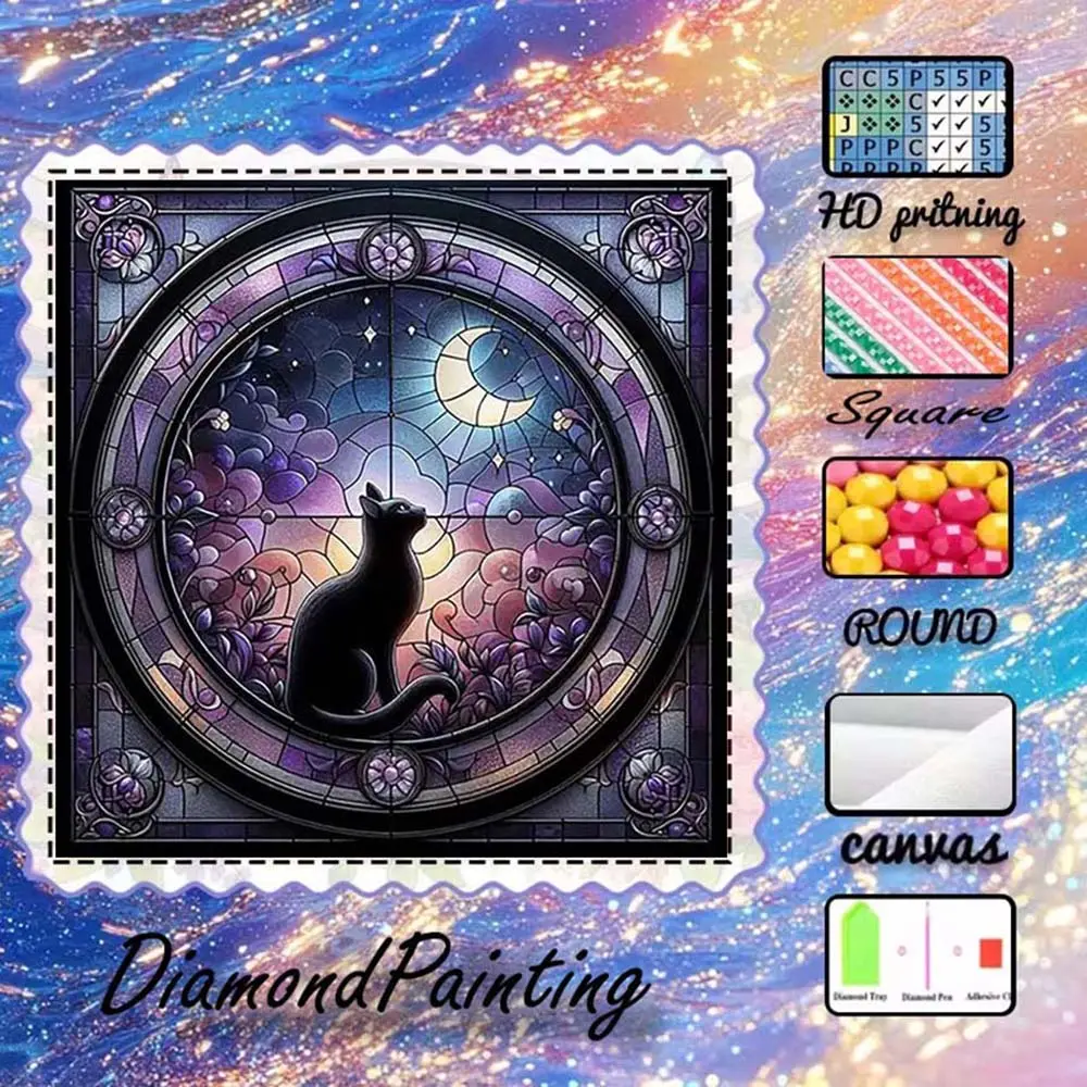 DIY 5D flocked cloth diamond painting kit, AB diamond, fairy dust diamond, crystal diamond. Cat, moon, flowers. Diamond embroidery, special craft handicraft diamond art kit, wall decor, gift for family, loved ones, friends.