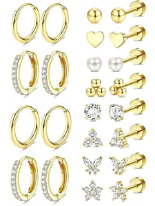 Hypoallergenic 14K Gold Plated Stud Hoop Earrings for Women Men Stainless Steel Flat Back Earrings Small Huggie Hoops Huggie Earring Pack Heart Shaped Earrings Cartilage Earring Set for Multiple Piercing Jewelry Gift for Women